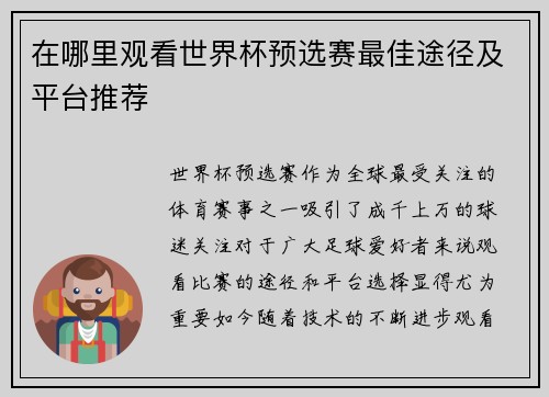 在哪里观看世界杯预选赛最佳途径及平台推荐